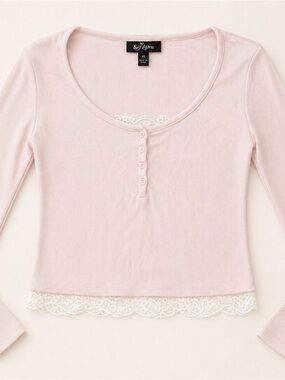 Self Esteem Brand Light Pink Ribbed Lace-Trim Henley Top / Teen Tween / Feminine